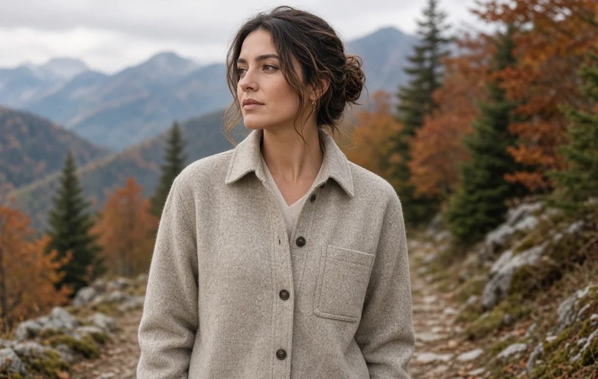 A person in a soft oatmeal wool-blend jacket standing outdoors on a cool day with trees softly blurred behind them.